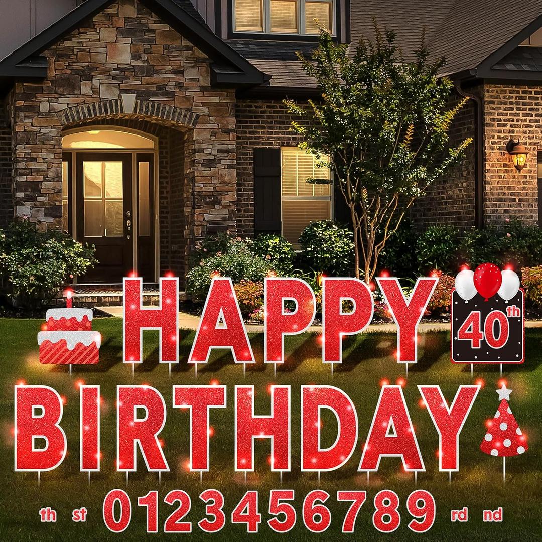 Yerliker 16 Pcs Happy Birthday Yard Signs with Stakes, 32.8 ft LED Lights, 42 Pcs Number Stickers, 13.4 Inch Letters Signs for Birthday Party Supplies Yard Lawn Outdoor Decoration (Red)