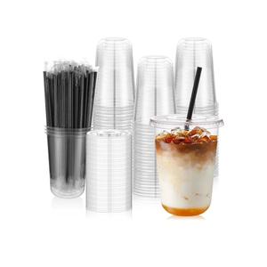 100 Set 16oz Plastic Cups with Lids and Straws, Disposable Clear Iced Coffee Cup with Lid, Round Bottom Plastic To Go Cups for Cold Drinks Slushie Smoothie Lemonade Matcha Party Shop Supplies