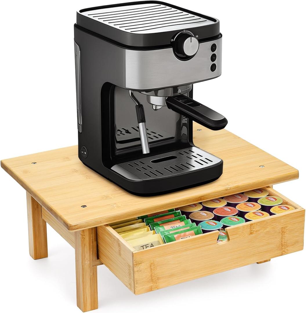 Yarlung Bamboo Coffee Pod Drawer K Cup Holder, Coffee Maker Machine Stand 2 Tier Cafe Bar Organizer for Tea Bags, Coffee Filters, Countertop Storage