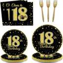 96 Pcs 18th Birthday Party Supplies for 24 Guests Cheers to 18 Years Tableware Table Decorations Black Gold 18th Birthday Plates Napkins Dinnerware for Boys Girls 18 Years Old Birthday Party Favor