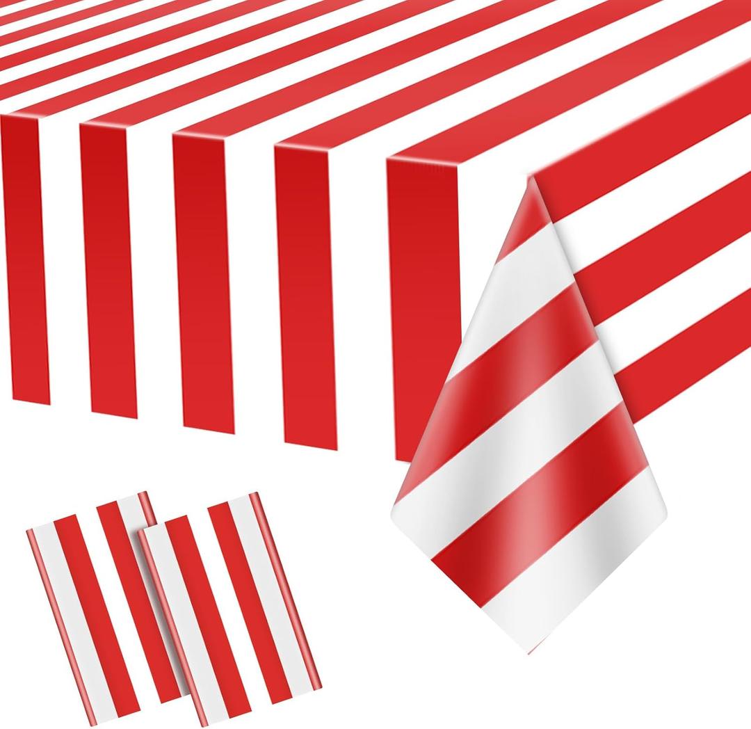 Carnival Theme Party Decorations Tablecloths, Circus Plastic Table Covers Rectangle Disposable Red and White Striped Tablecloth Supplies for Kids Birthday Movie Night Christmas, 87'' x 51'', 2pcs