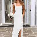 BORIFLORS Women's Elegant Bodycon Ruched Maxi Cocktail Dress Mesh Sleeveless Mermaid Ruffle Beach Wedding Guest Long Dresses, Small, White