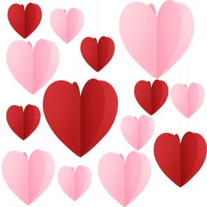 Colarr 24 Pcs Large 3D Heart Shape Garland 9.8 x 9.8 inch 3D Jumbo Heart Shape Hanging Paper for Wedding Anniversary Birthday Indoor Party Supplies(Red Pink)