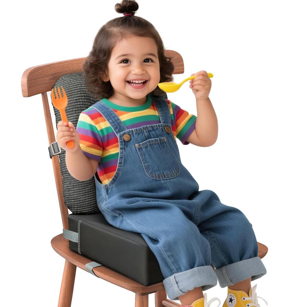 Booster Seat for Kitchen Chair,Toddler Booster Seats with Adjustable Washable Safety Belts Kitchen Dining Table Booster Seat, Portable Travel Increasing Cushion for Baby Child Kid Boy Girl (PU- Dark Gray)