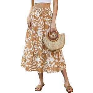 SEAFORM Women's Boho Floral Print Midi Skirt A-Line Elastic High Waist Flowy Long Skirts Casual Summer Beach Vacation Skirt (Yellow, L)
