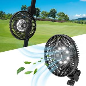KEMIMOTO Rechargeable Golf Cart Fan with LED Light, Battery Operated Portable Fan with 6 Powerful Speeds, 9" Clip On Fan Compatible with EZGO Club Car Yamaha, 360 Rotatable Head, USB & Type C Port