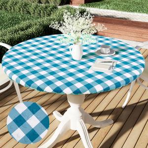 Smiry Round Picnic Tablecloth, Elastic Waterproof Fitted Vinyl Tablecloths for 36"-44" Tables, Flannel Backed Buffalo Plaid Table Cover for Dining, Camping, Outdoor, White and Turquoise