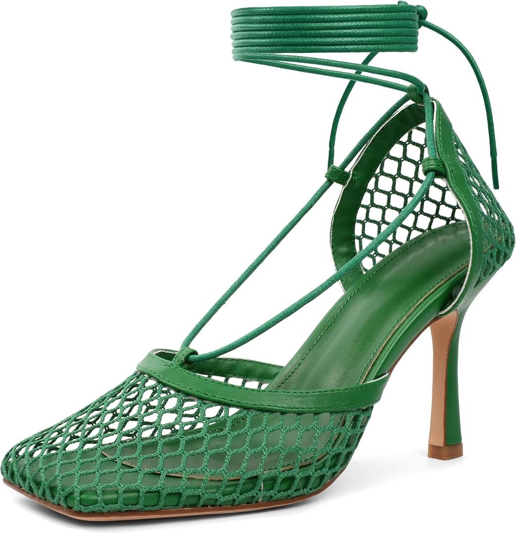 SAMMITOP Lace Up Mesh Heels for Women Comfortable High Stiletto Heel Tie Up Ankle Strap Closed Square Toe Pumps Bridal Wedding Shoes 3.5 Inch Green US Size 9.5