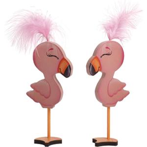 2 Pcs Pink Flamingo Decor, 7.1" H Wooden Flamingo Figurines, Summer Tropical Table Shelf Desk Tiered Tray Decorations for Home Indoor Office, Hawaii Party Supplies