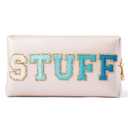 Y1tvei STUFF Makeup Bag Large - Preppy Patch Extra Large Stuff Varsity Letter Makeup Bag Sewn with Blue Letter PU Leather Waterproof Cosmetic Pouch Toiletry Zipper Organizer Gift for Women(Shell Gold)