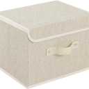 Storage Boxes, Collapsible Storage Bins with Lids, Cotton and linen cloth Storage Baskets with Handle, for Books, Closet, Bedroom, Home, 10.2x7.9x6.7 in, Grey and Beige