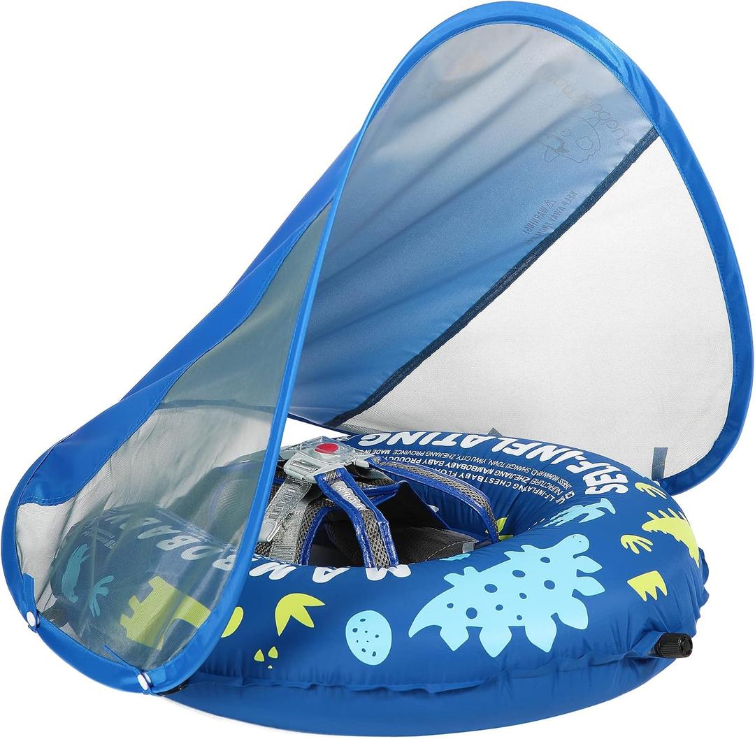 Mambobaby Float Self-Inflating Baby Swim Float with Canopy, Compressible Folding Pool Baby Float, Upgrade Soft Waterproof Skin-Friendly Material Toddler Swim Float (Standard Edition Blue), Small