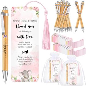 50 Sets Baby Shower Favors for Guests, Includes Bamboo Ballpoint Pens Thank You Bookmarks Organza Bags Baby Shower Party Favors Gender Reveal Gifts for Guest Game Prizes Souvenirs Return Gifts (Pink)