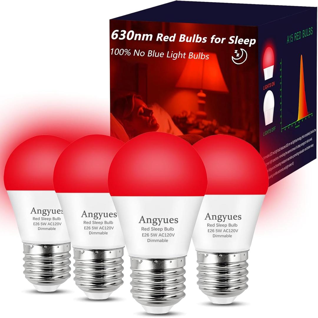 630nm Red Sleep Bulb Dimmable, 100% Blue Light Blocking, Promotes Melatonin Production, E26 A15 LED 5W Red Dim Night Light for Baby's Bedroom, Sleeping, 4Pack