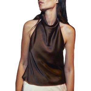 Women Halter Backless Tank Tops Cute High Mock Neck Cami Sexy Open Back Camisole Silk Satin Going Out Tops (Large, Brown)