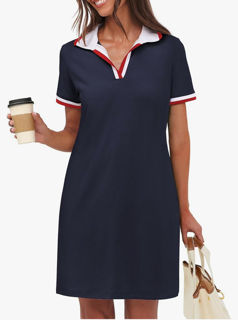 ANRABESS Womens Polo Dresses Short Sleeve V Neck 2025 Casual Summer Tennis Golf Mini Shirt Dress with Pockets Navy Blue XL
