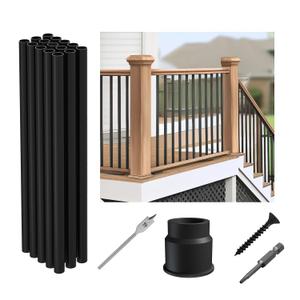 36"-15Pack Aluminum Deck Balusters Hollow Round Deck Railing Spindles Matte Coated Black for Wood and Composite Deck Indoor Outdoor
