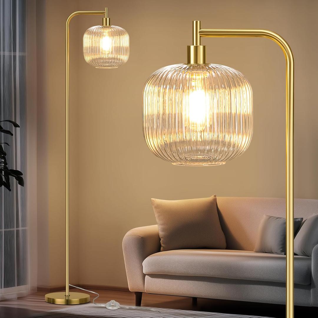 QiMH Glass Floor Lamp for Living Room, Modern Standing Lamp with Ribbed Clear Glass Lampshade Pedal Switch, 67 Tall Lamp for Bedroom Study Room, Brushed Gold (2700K LED Bulb Included)