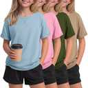 Oakgarden 4 Pack Girls Short Sleeve T Shirts Kids Casual Loose Tops Rolled Cuff Cute Basic Tees 5-14 Years Back to School(Light Blue, Pink, Army Green, Khaki,11-12 Years)