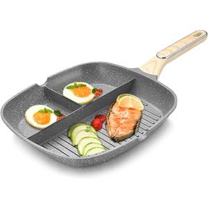 JUSTUP Nonstick Grill Pan, 3-in-1 Egg Pan 11 Inch Non Stick Skillet Pan, Heat Resistant Handle 3 Section Skillet Pancake Pan, Divided Pan Cooking Pan for Breakfast, Egg, Bacon and Burgers