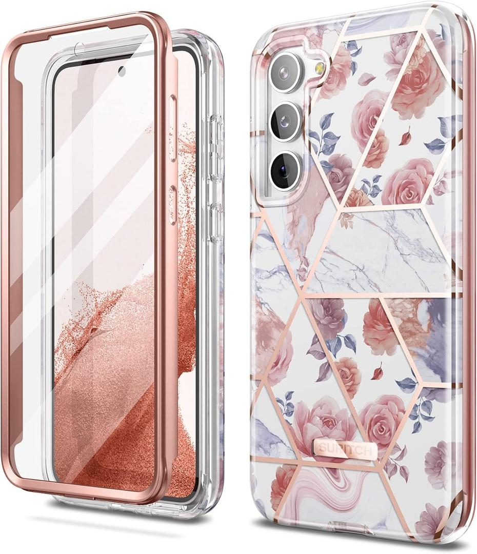 SURITCH Samsung Galaxy S23 Case, Full-Body Protection with Built-in Screen Protector, Shockproof Dual-Layer Rugged Bumper - Rose Marble