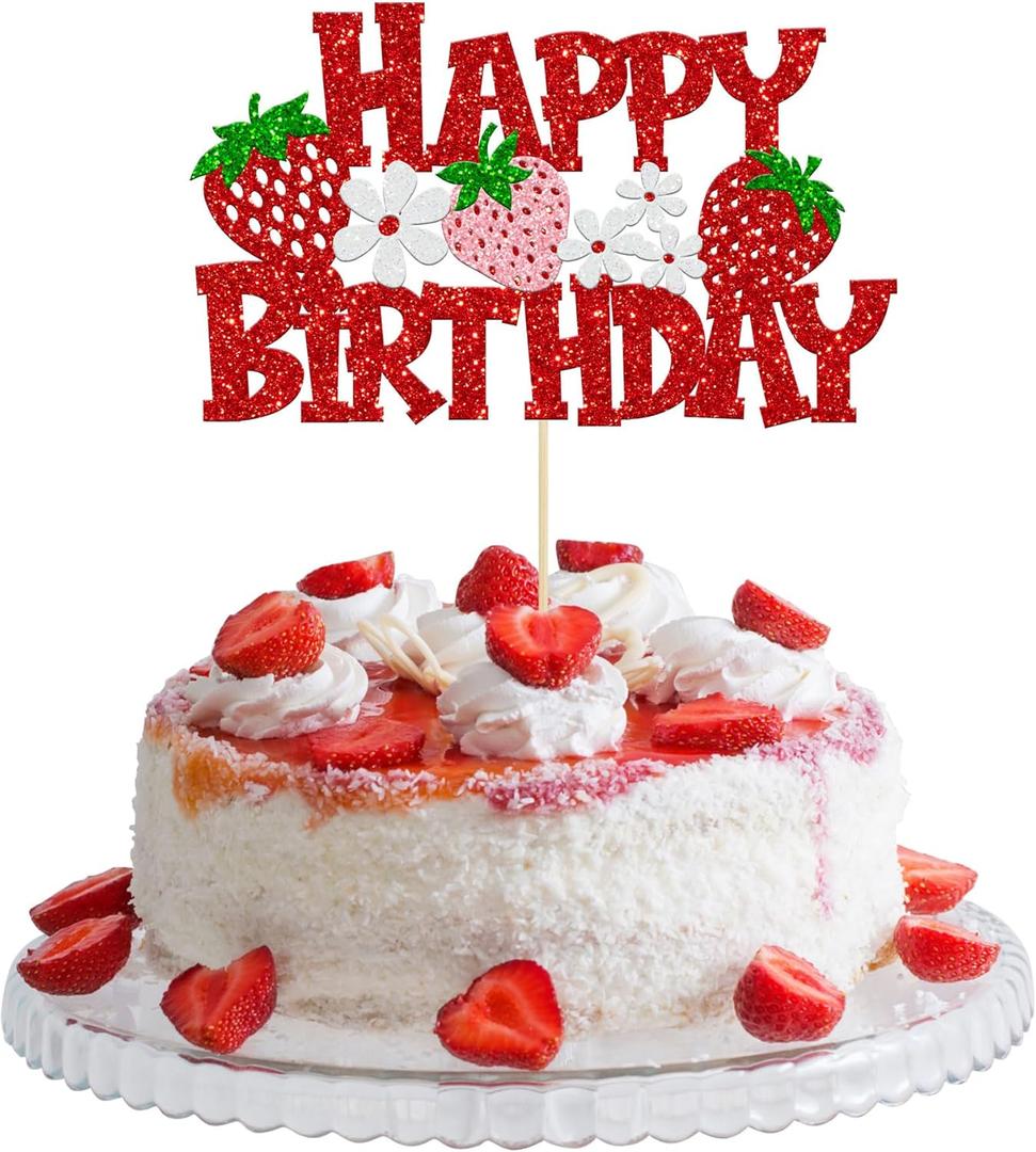 Gyufise 1Pcs Strawberry Happy Birthday Cake Topper Glitter Flower Fruit Theme Birthday Berry Cake Pick Decorations for Strawberry Theme Baby Shower Kids Birthday Party Cake Decorations Supplies Red
