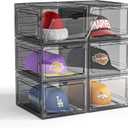 Hat Organizer Box for Baseball Caps, 6 Pack Plastic Hat Storage Display Case with Magnetic Door, Hat Holder Rack for Closet, Snapback Organizer, Hold 8 Caps Each, Black