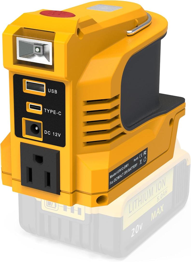 200W Portable Power Inverter for Dewalt 20V Battery | DC 20V to AC 120V Portable Power Station with 1 USB Ports & 1 Type-C Fast Charging, 200LM LED,Camping & Emergency Use