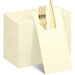 60 Pcs Ivory Linen-Feel Paper Napkins with Built-in Flatware Pocket, Beige Pocket Linen Napkin Prefolded Cloth Like Paper Cream Napkins Bulk for Silverware Birthday Reception Bathroom Weddings Party