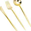 LULLABY 300PCS Gold Plastic Silverware, Heavy Duty Disposable Utensils, Gold Plastic Cutlery Set Include 100 Forks, 100 Spoons, 100 Knives, Perfect Flatware for Party Wedding and Daily Use