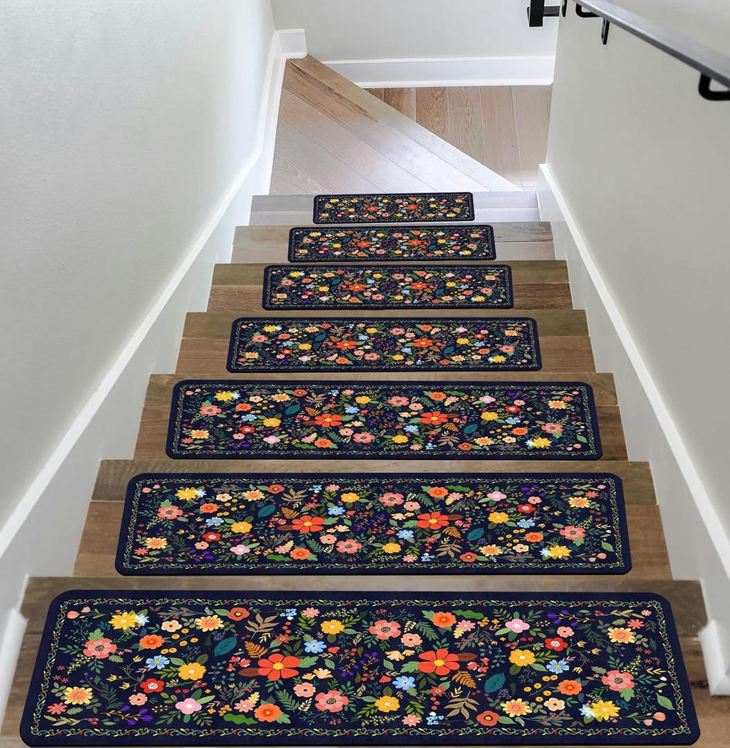 Floral Stair Treads for Wooden Steps Non-Slip 8"X30" 15PCS Flower Stair Carpet Rubber Backing Stair Runner Stair Rugs Indoor Safety Stair Mats for Elders Kids Dogs Blue