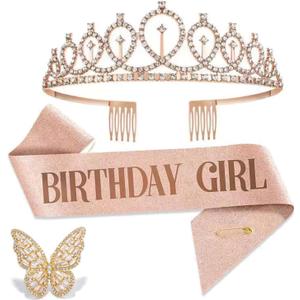 birthday girl sash and crown Rhinestone Tiara Set Birthday Sash and Tiara for Women Birthday Decoration Kit Rhinestone Headband for Girl Glitter Crystal Hair Accessories for Birth Party (Rose Gold Set)