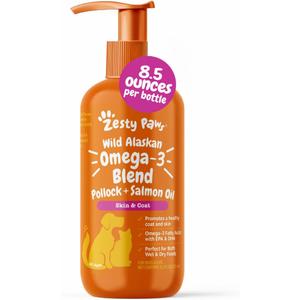 Zesty Paws Wild Alaskan Omega-3 Blend Pollock + Salmon Oil for Dogs and Cats- Skin and Coat Support, Omega 3 Supplement for Pets, 8.5oz