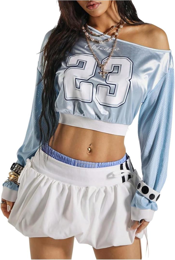 MakeMeChic Women's Y2K Jersey Top Number Print Asymmetrical Pullover Sweatshirt (Blue, L)