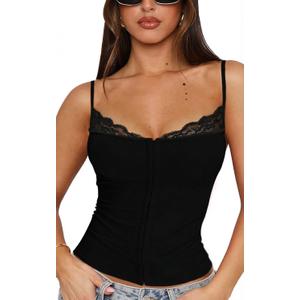 Womens Slim Fit Sleeveless Lace Trim Tank Top Cami for Date Night, Small