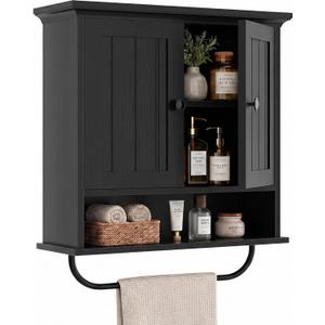 Besiost Farmhouse Bathroom Wall Medicine Cabinet with Removable Towel Bar
Over Toilet Storage Organizer, 7.9" Slim Profile, 100 Lbs Capacity, Adjustable Shelf, Soft Close Hinges Door, Black