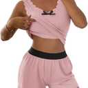 CHICME Women 2 Pieces Pajama Set Sleeveless Built In Bra Tank and Shorts Set Lace Trim PJ Sets Loungewear (Medium)
