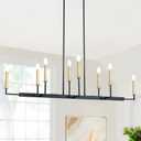 Modern 8-Light Black Gold Chandelier, Large Linear Candle-Style Island Lighting Fixtures with Adjustable Height for Dining Room, Kitchen Island, or Living Room 48.4L
