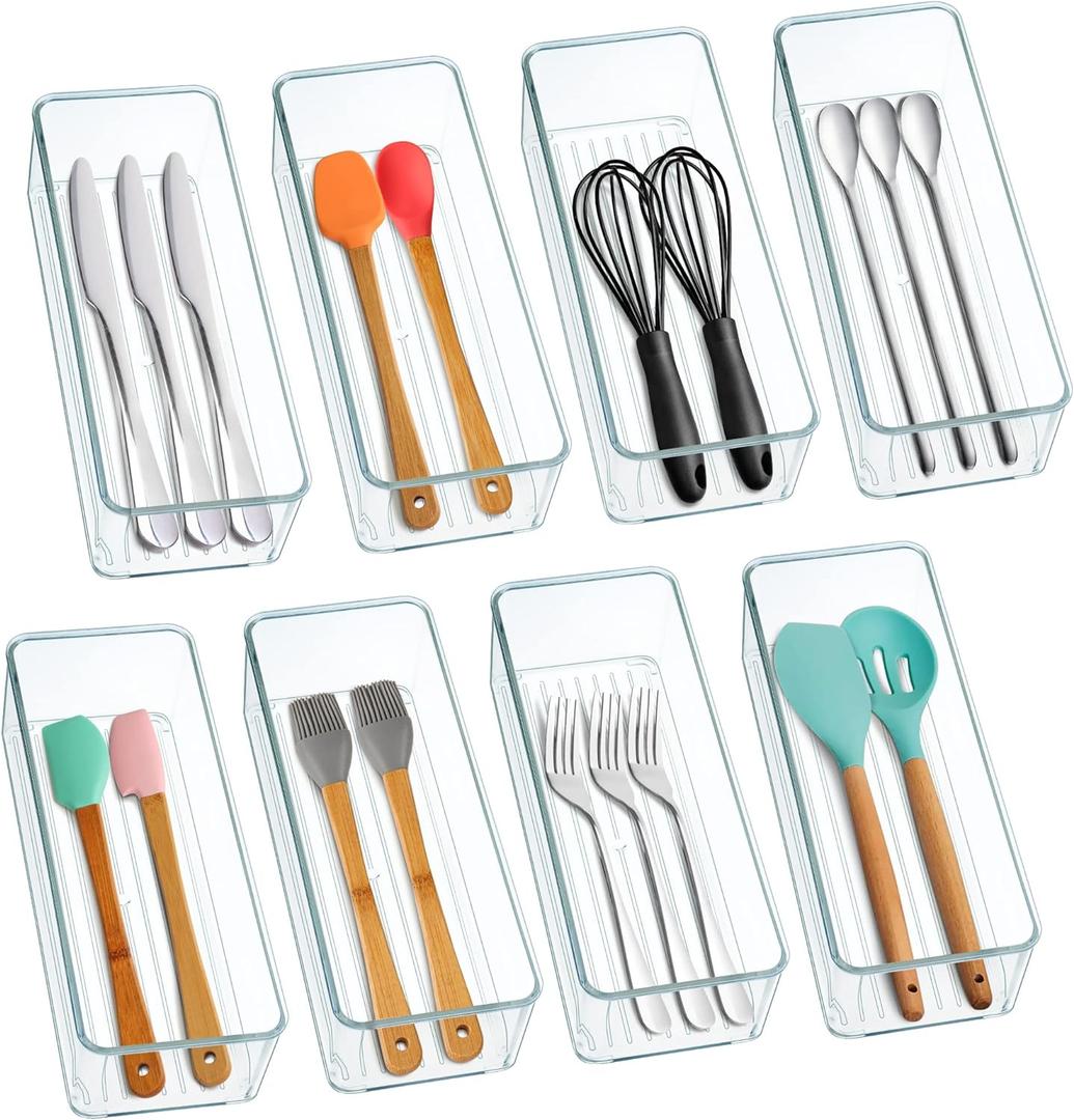 Hudgan 8 Pack Clear Plastic Drawer Organizer Bins Set, Stackable Cutlery Storage Bins Trays for Organizing Kitchen, Bathroom, Office, Crafts, Gadgets, Cabinet Supplies