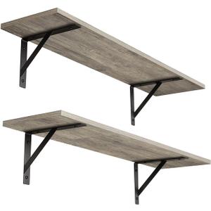 DINZI LVJ Wall Shelves, 23.6 x 7.9 x 6.1 Inch Floating Shelves for Wall, Set of 2, Easy-to-Install Wall Storage Ledges with Sturdy Metal Brackets for Living Room, Bathroom, Kitchen, Gray Wash