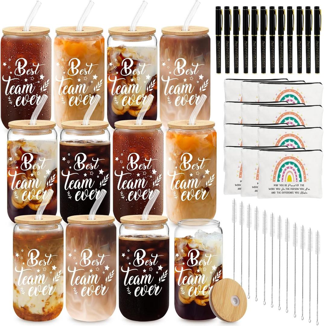12 Set Employee Appreciation Gifts Thank You Gifts Bulk for Coworker Staff Teacher Nurses, Thank You Glass Cups 16 oz Can Shaped Beer Glass Makeup Bag Ballpoint Pen for Women Men (Best Team)