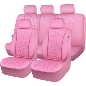 CAR PASS 5 Seats Piping Luxury Leather Seat Covers Full Set, Anti-Slip Waterproof Seat Covers Compatible with Front Armrests, Universal Fit for Suvs,Vans,Trucks,Airbag Compatible, Pure Pink