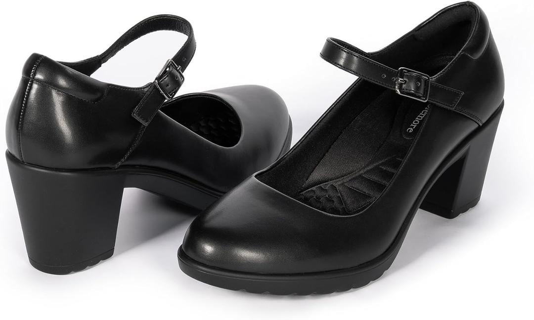 Cusolemore Mary Jane Heels with Arch Support, Closed Round Toe Chunky Pumps for Women, Comfortable Block Heel Dress Shoes (8.5, Black)