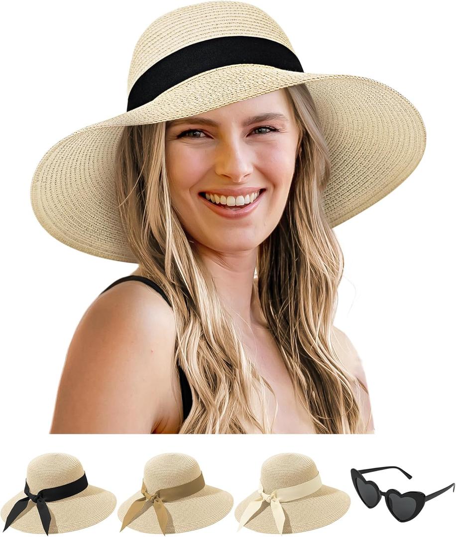 Senker Fashion Sun Hats for Women - Oversize Large Straw Beach Hat for Summer Floppy Wide Brim Packable Roll Up UPF 50+ (Beige)