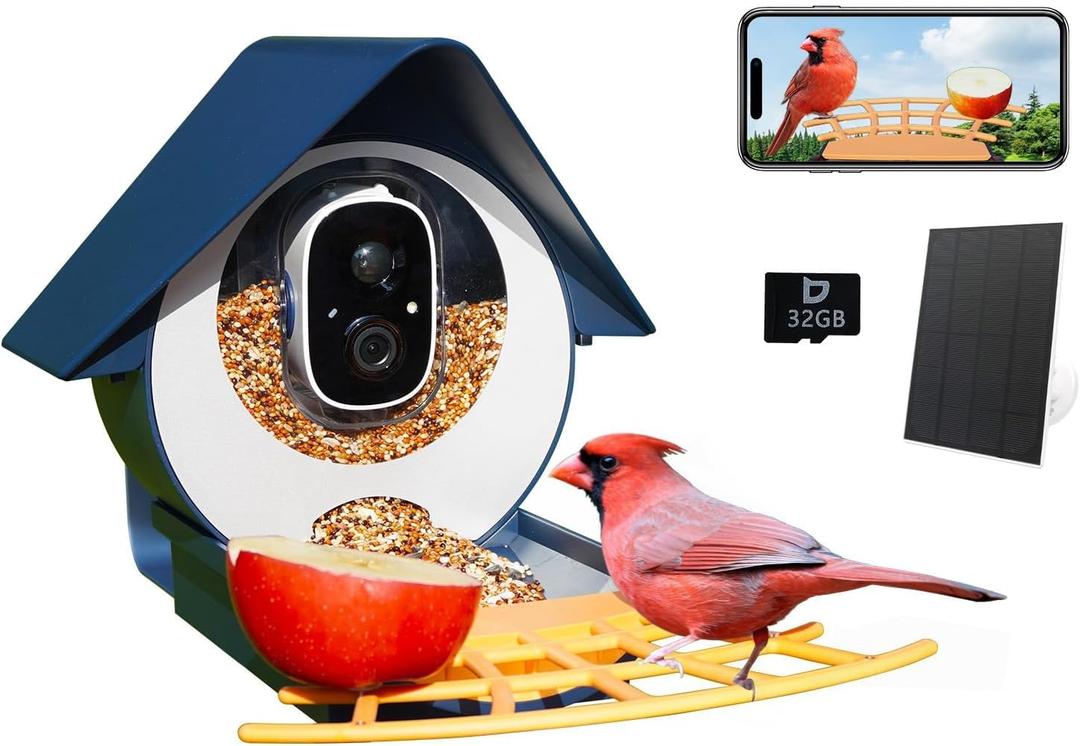 Smart Bird Feeder with Camera, AI Identify Bird Feeder Camera with Solar Pannel, Auto Capture Bird Full HD Videos & Instant Notification, Ideal Present for Bird Lovers (Basic, Deep Blue)