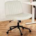 DUMOS Criss Cross Chair with Wheels, Legged Office Armless Wide Desk Seat Dual-Purpose Base, Adjustable Swivel Leather Task Vanity Home Office Desk Seating, Cream