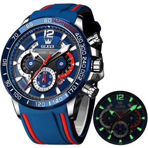 OLEVS Mens Watches Chronograph Waterproof Luminous Silicon Strap Multifunction Watches for Men Quartz Business Calendar Men Wrist Watch (silver watches blue)