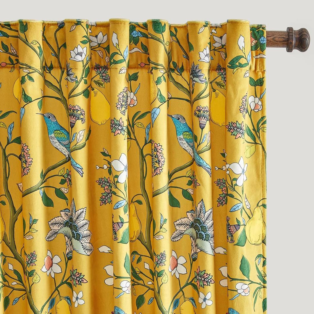 Mustard Yellow Luxury Velvet Floral Curtains 90 inches for Living Room,Vintage Victorian Botanical Blackout Curtain Drapes,2 Panels Mid Century Art Deco Bird Flower Window Curtains for Bedroom