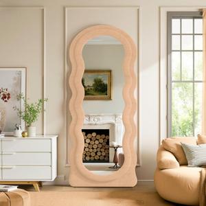 Full Length Mirror 71"x30" Irregular Wavy Full Body Wall Mounted Floor Mirror with Stand Milk Tea Flannel Frame Leaning Hanging Wall for Bedroom Entrance Hallway