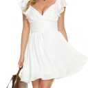 Surplice V Neck Dress for Women 2023 Sleeveless Ruffle Shoulders A-Line Flowy Dresses with Smocked Back (White, M)